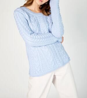 New! Ireland's Eye Ice Blue Primose A Cable Round Neck Virgin Wool M Sweater